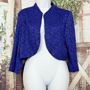 R&M Richards Royal Blue Lace Bolero Shrug 3/4 Sleeve Size 16 party classic chic